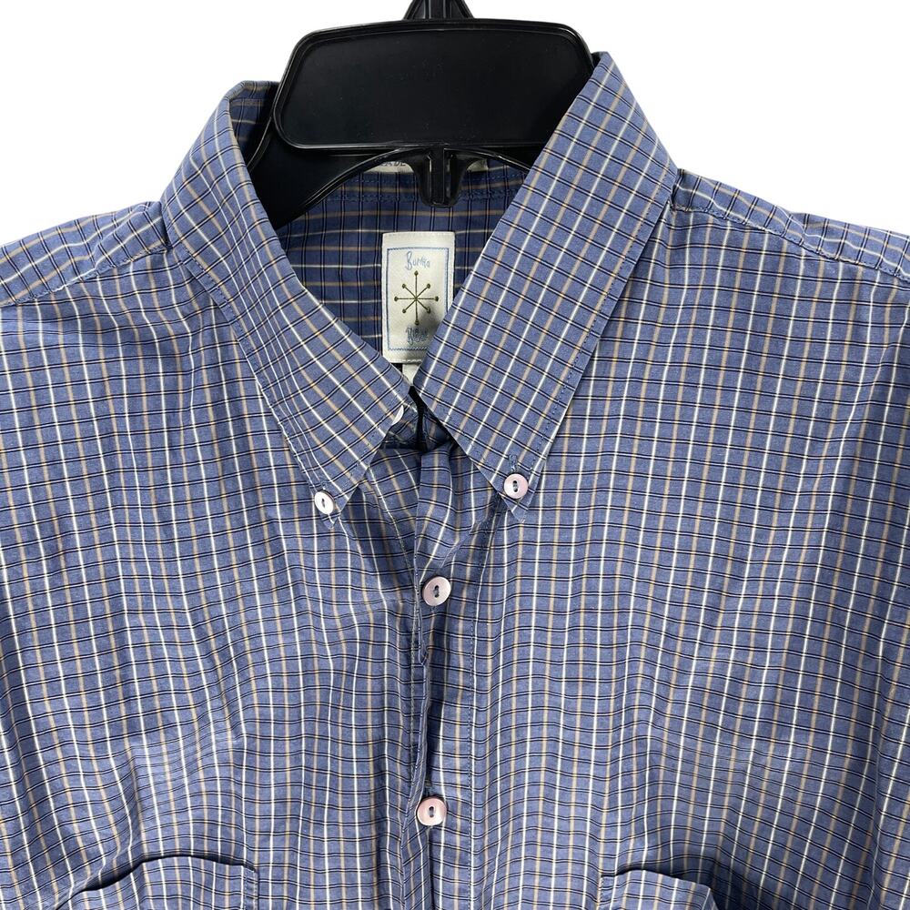 Men Button Up Shirt Size L Blue Brown Plaid Long Sleeve 100% Cotton Preppy